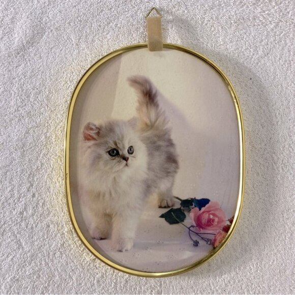 Vintage Ecstasy Giftware Gold Tone Framed Oval Kitten Picture
